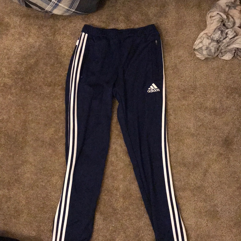 Navy and white adidas striped pants